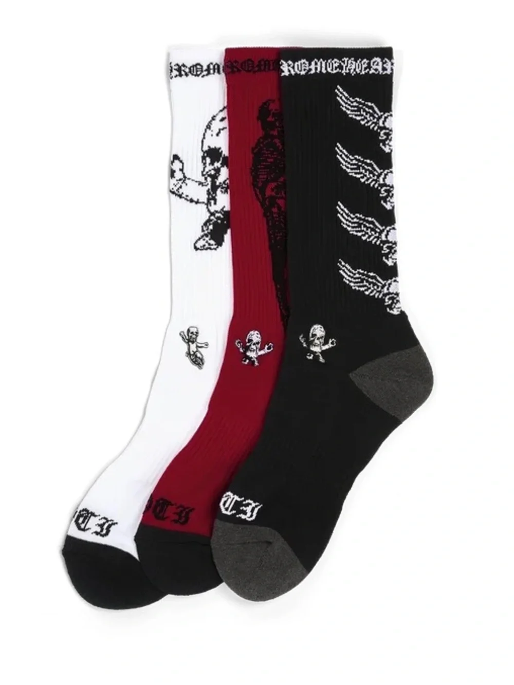 Chrome Hearts Foti Skeleton 3-Pack Socks Size Medium Black White and Red